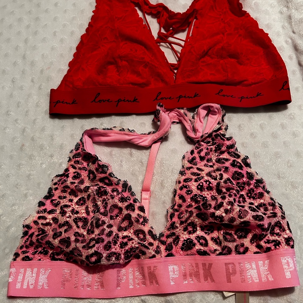 PINK Victoria's Secret Red Lace and Pink Leopard Bralette Duo